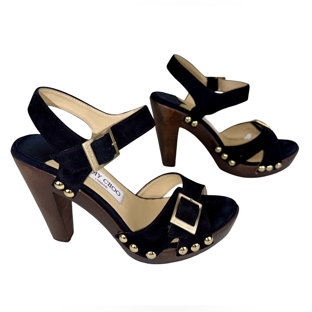 JIMMY CHOO URBAN SUE PLATFORM SANDALS IN BLACK SUEDE WITH GOLD-TONE STUDS